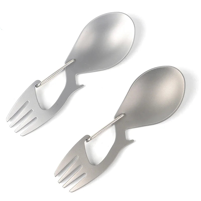 Multi-Tool Titanium Construction Spork Multi-Function Spoon Fork Carabiner Bottle Opener Outdoor Camping Picnic Tableware