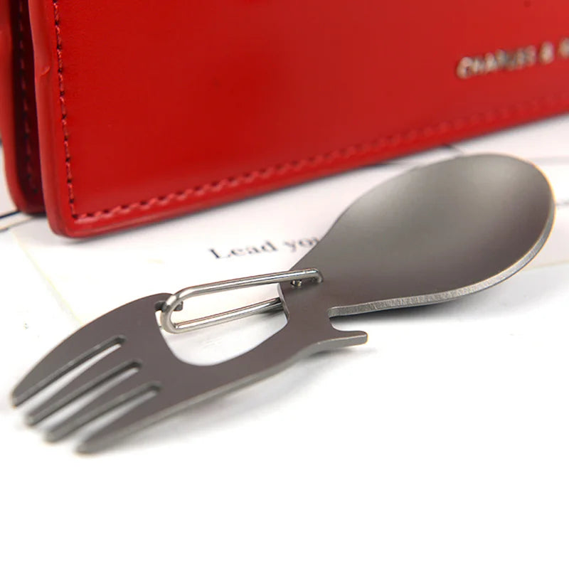 Multi-Tool Titanium Construction Spork Multi-Function Spoon Fork Carabiner Bottle Opener Outdoor Camping Picnic Tableware