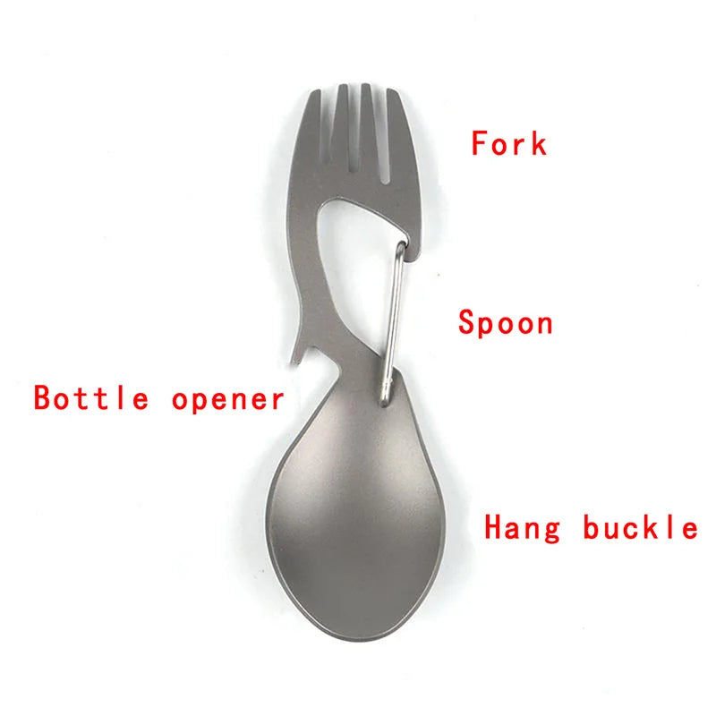 Multi-Tool Titanium Construction Spork Multi-Function Spoon Fork Carabiner Bottle Opener Outdoor Camping Picnic Tableware