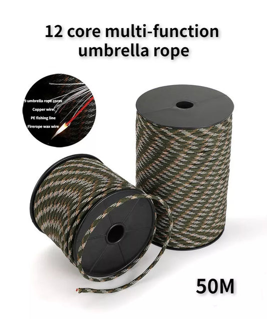 50m 12 Strand 650 Military 4mm Paracord Camping Survival 9x Parachute Cores