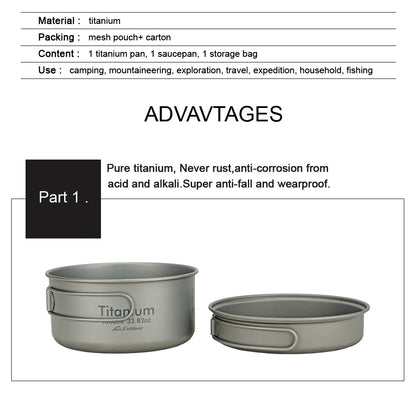 Ultralight Titanium Pan Outdoor Cookware Camping Pot Folding Tableware Enhancing The Body Resistance